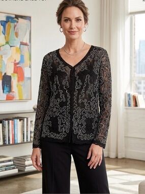 Laura Ashley Black Lace Button-Front Blouse with White Embroidery